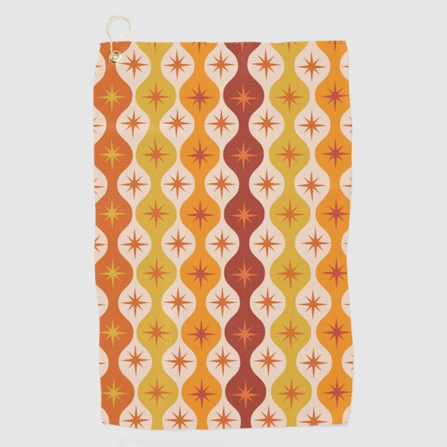 Mid Century Orange Mod Stars on ogee pattern   Golf Towel (Front)