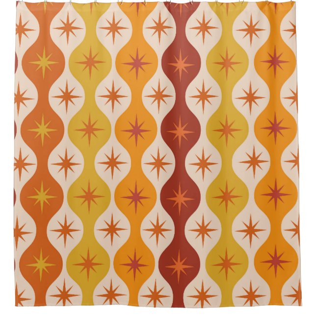 Mid Century Orange Mod Stars on ogee pattern    Shower Curtain (Front)