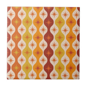 Mid Century Orange Mod Stars on ogee pattern   Tile