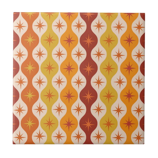 Mid Century Orange Mod Stars on ogee pattern   Tile (Front)