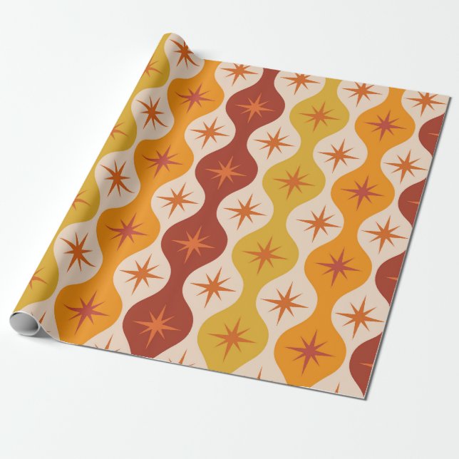 Mid Century Orange Mod Stars on ogee pattern  Wrapping Paper (Unrolled)