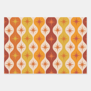 Mid Century Orange Mod Stars on ogee pattern    Wrapping Paper Sheet