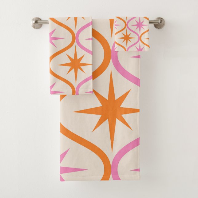 Mid Century Orange Pink Starbursts on Ogee Pattern Bath Towel Set (Insitu)