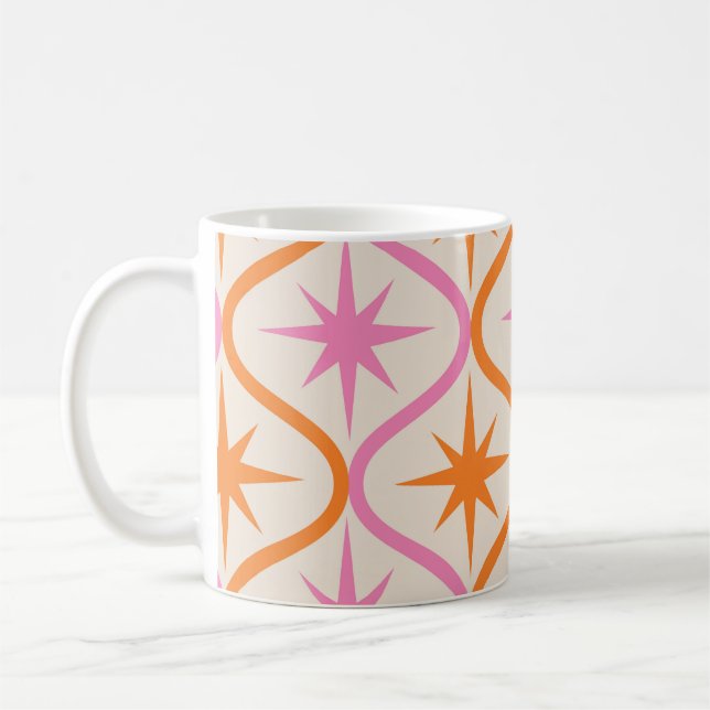 Mid Century Orange Pink Starbursts on Ogee Pattern Coffee Mug (Left)