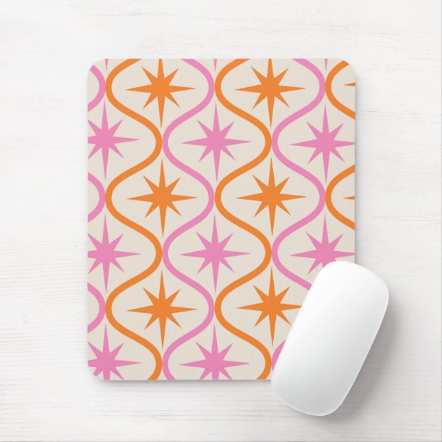 Mid Century Orange Pink Starbursts on Ogee Pattern Mouse Mat (With Mouse)