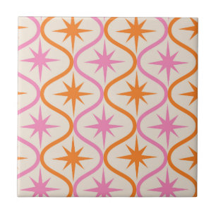 Mid Century Orange Pink Starbursts on Ogee Pattern Tile