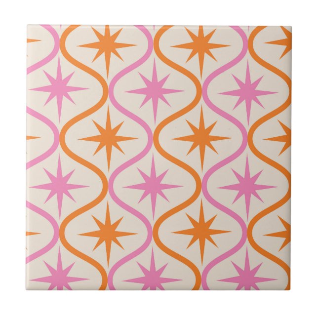 Mid Century Orange Pink Starbursts on Ogee Pattern Tile (Front)
