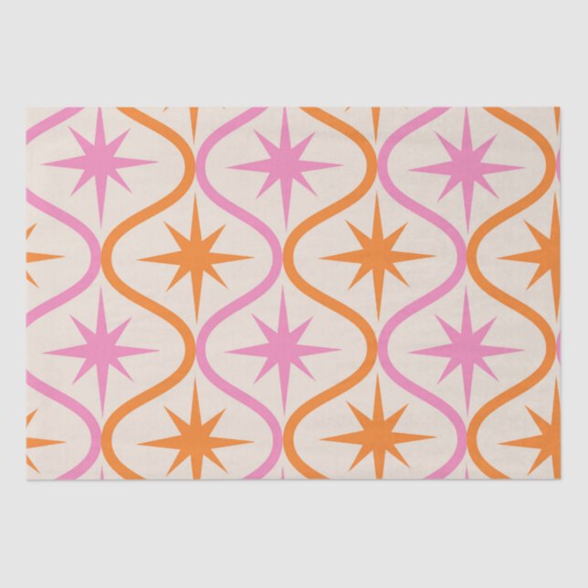 Mid Century Orange Pink Starbursts on Ogee Pattern Tissue Paper (Front)