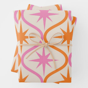 Mid Century Orange Pink Starbursts on Ogee Pattern Wrapping Paper Sheet