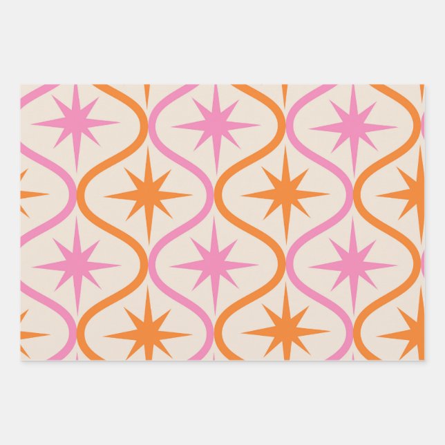 Mid Century Orange Pink Starbursts on Ogee Pattern Wrapping Paper Sheet (Front)