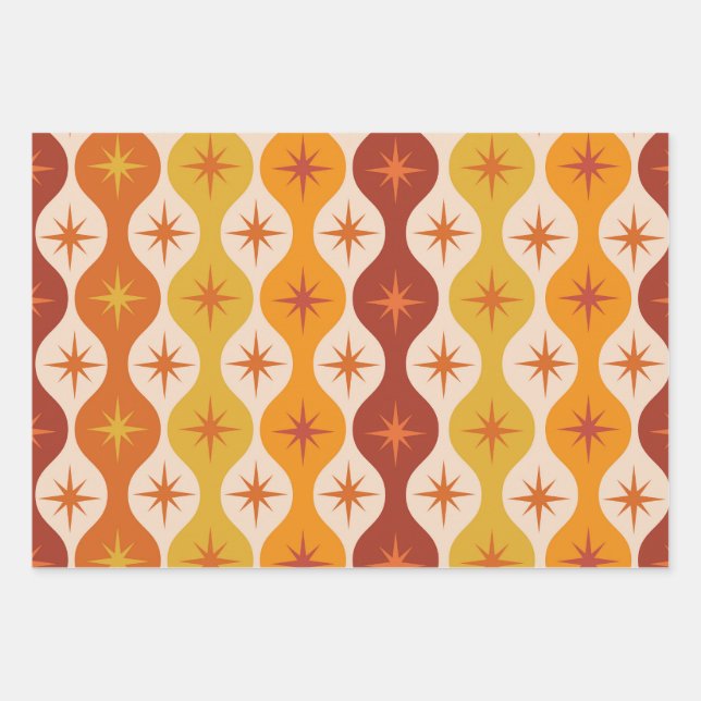 Mid Century Orange Stars on ogee pattern    Wrapping Paper Sheet (Front)