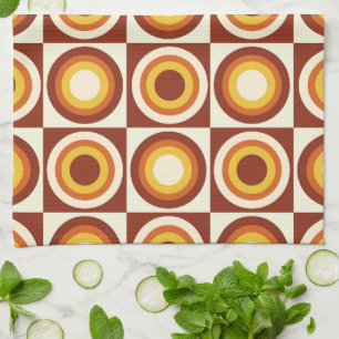 Mid Century Orange Yellow Circles on squares  Tea Towel