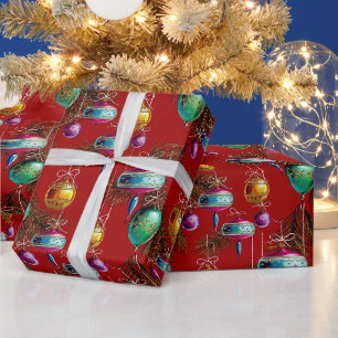 Mid-Century Ornaments On Red Wrapping Paper