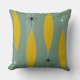 Mid Century Ovals Starbursts Stripes, Gold on Teal Cushion