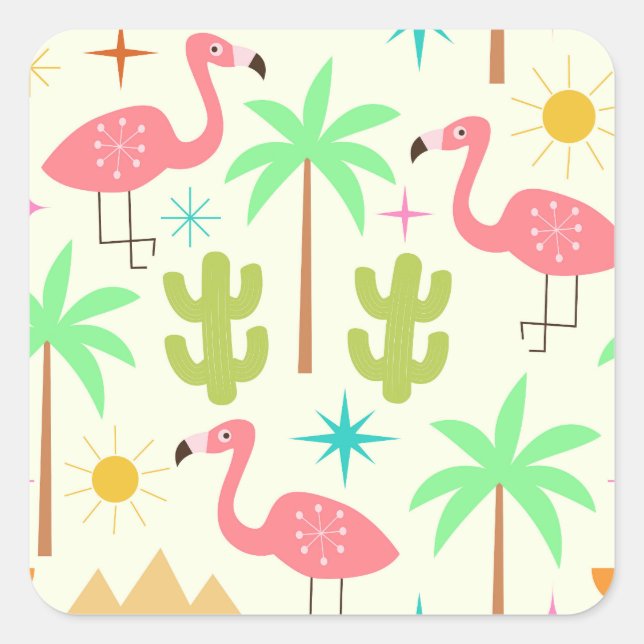 Mid Century Palm Springs Flamingo with Trees  Square Sticker (Front)