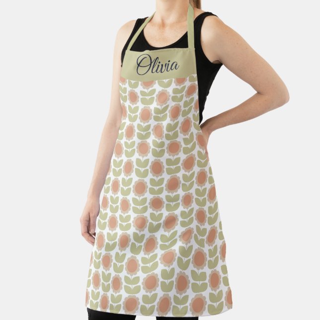  Mid-Century Pastel Pink Retro Floral Pattern Apron (Insitu)