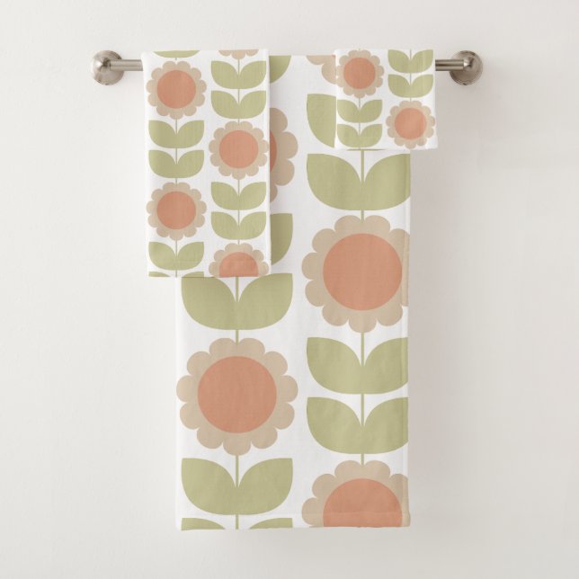  Mid-Century Pastel Pink Retro Floral Pattern Bath Towel Set (Insitu)