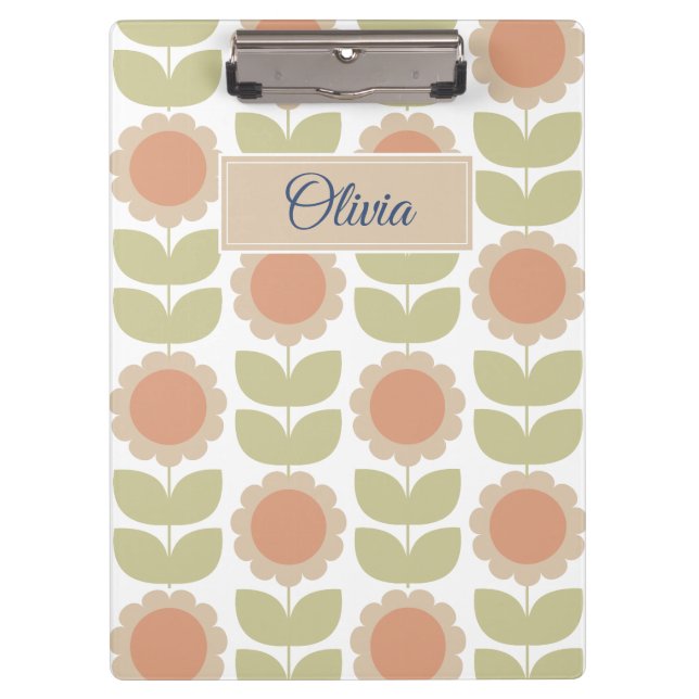  Mid-Century Pastel Pink Retro Floral Pattern Clipboard (Front)