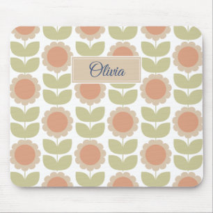  Mid-Century Pastel Pink Retro Floral Pattern Mouse Mat