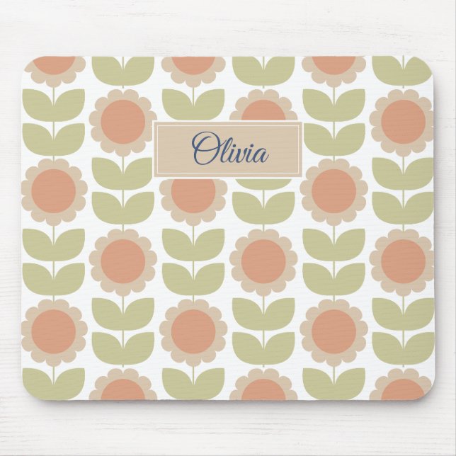  Mid-Century Pastel Pink Retro Floral Pattern Mouse Mat (Front)