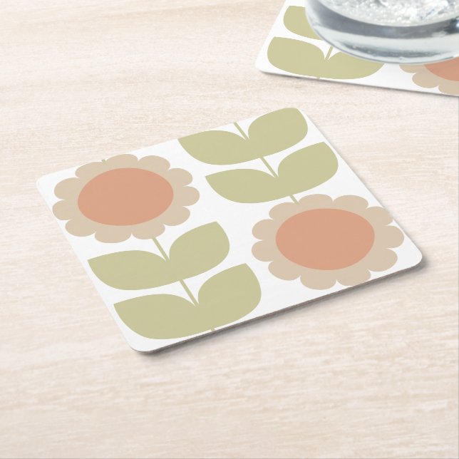  Mid-Century Pastel Pink Retro Floral Pattern Square Paper Coaster (Angled)