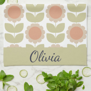  Mid-Century Pastel Pink Retro Floral Pattern Tea Towel