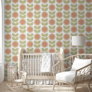  Mid-Century Pastel Pink Retro Floral Pattern Wallpaper
