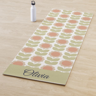 Mid-Century Pastel Pink Retro Floral Pattern Yoga Mat