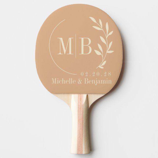 Mid-Century Peach Kiss Leaf Wedding Monogram Ping Pong Paddle (Front)