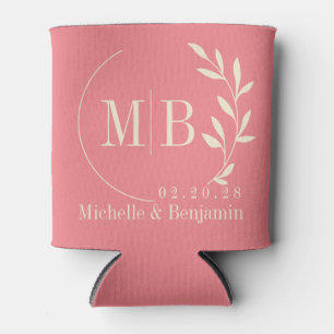 Mid-Century Peach Leaf Wedding Monogram Can Cooler