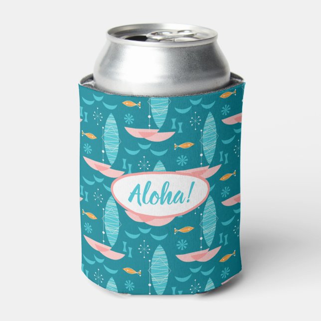 Mid Century Pink Catamaran - Blue Background Can Cooler (Can Front)