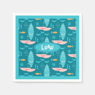 Mid Century Pink Catamaran - Blue Background Napkin