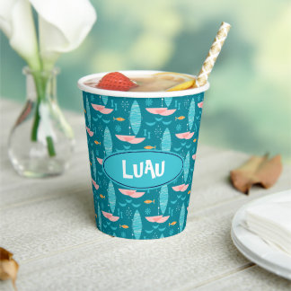 Mid Century Pink Catamaran - Blue Background Paper Cups