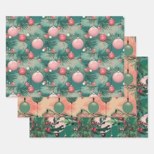 Mid Century Pink Christmas Ornaments Wrapping Paper Sheet