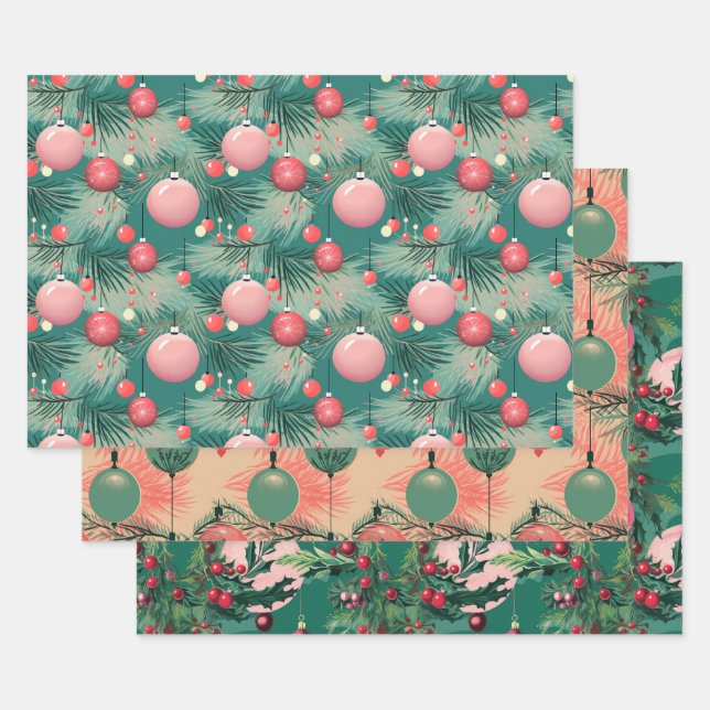 Mid Century Pink Christmas Ornaments Wrapping Paper Sheet (Set)