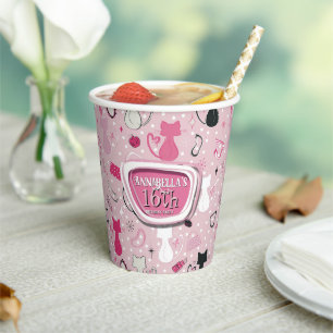 Mid Century Pink Heart Cats Birthday Paper Cups