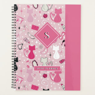 Mid Century Pink Heart Cats Planner