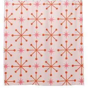 Mid Century Pink Orange Atomic Starbursts Pattern Shower Curtain