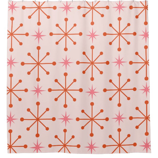 Mid Century Pink Orange Atomic Starbursts Pattern  Shower Curtain (Front)