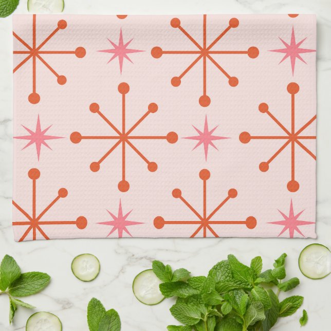Mid Century Pink Orange Atomic Starbursts Pattern  Tea Towel (Folded)