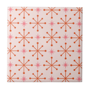 Mid Century Pink Orange Atomic Starbursts Pattern  Tile