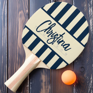 Mid-Century Polo Candy Striping Deep Sea Blue Name Ping Pong Paddle