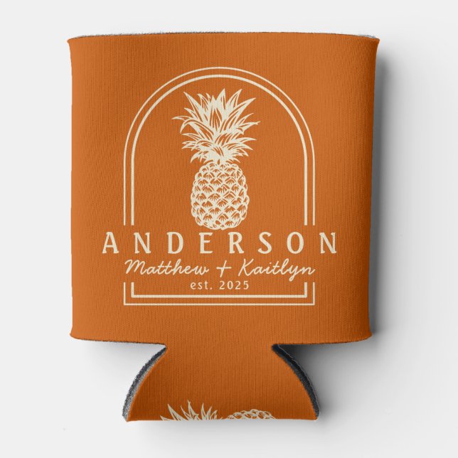 Mid-Century Pumpkin Pineapple Wedding Arch & Name Can Cooler (Front)