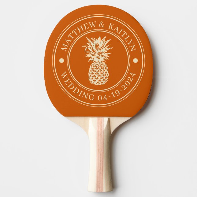 Mid-Century Pumpkin Pineapple Wedding Crest & Name Ping Pong Paddle (Front)