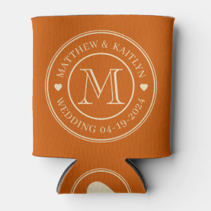 Mid-Century Pumpkin Wedding Monogram Heart Can Cooler