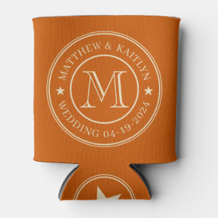 Mid-Century Pumpkin Wedding Monogram Star Can Cooler