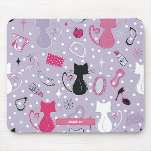 Mid Century Purple Heart Cats Mouse Mat