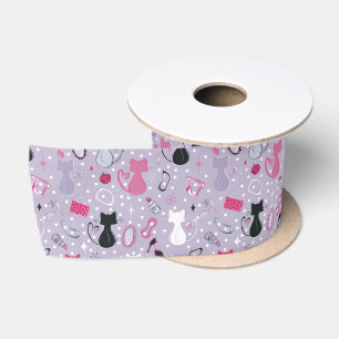 Mid Century Purple Heart Cats Satin Ribbon