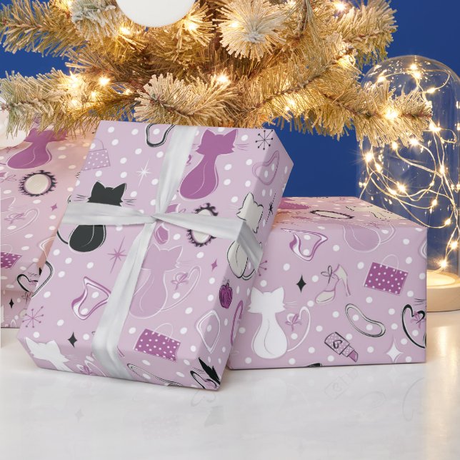 Mid Century Purple Heart Cats Wrapping Paper (Holidays)