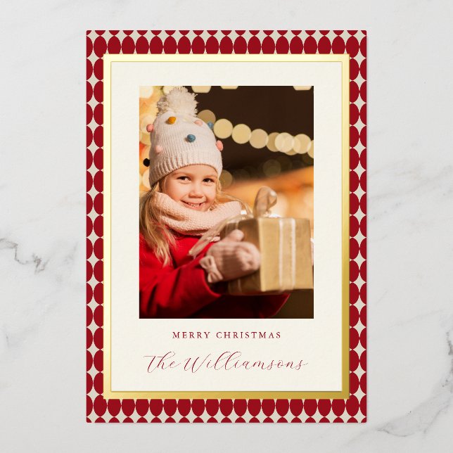 Mid Century Red Vertical Two Photos Christmas Gold Foil Holiday Card (Front)